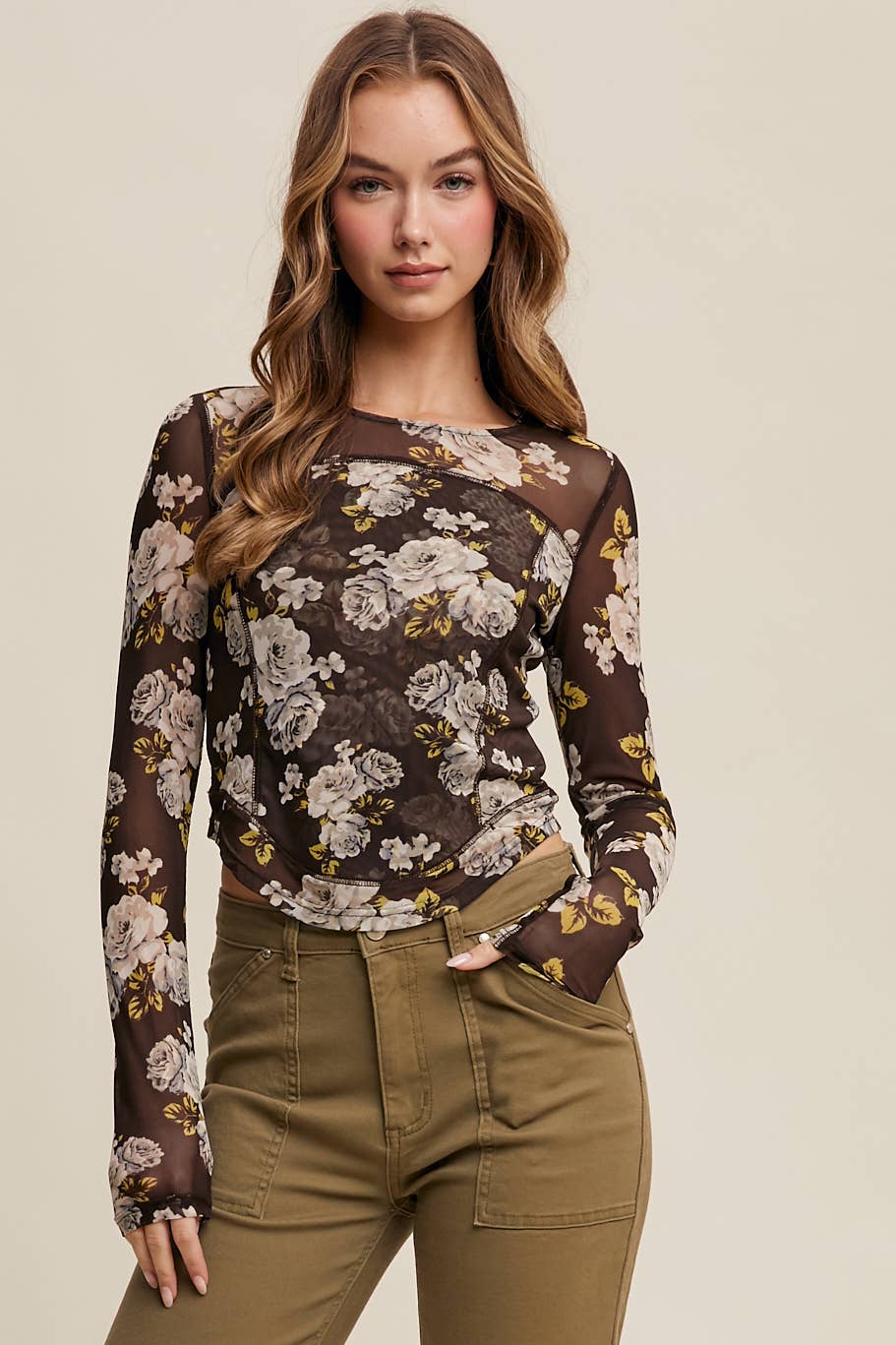 Floral Mesh Long Sleeve Layering Top