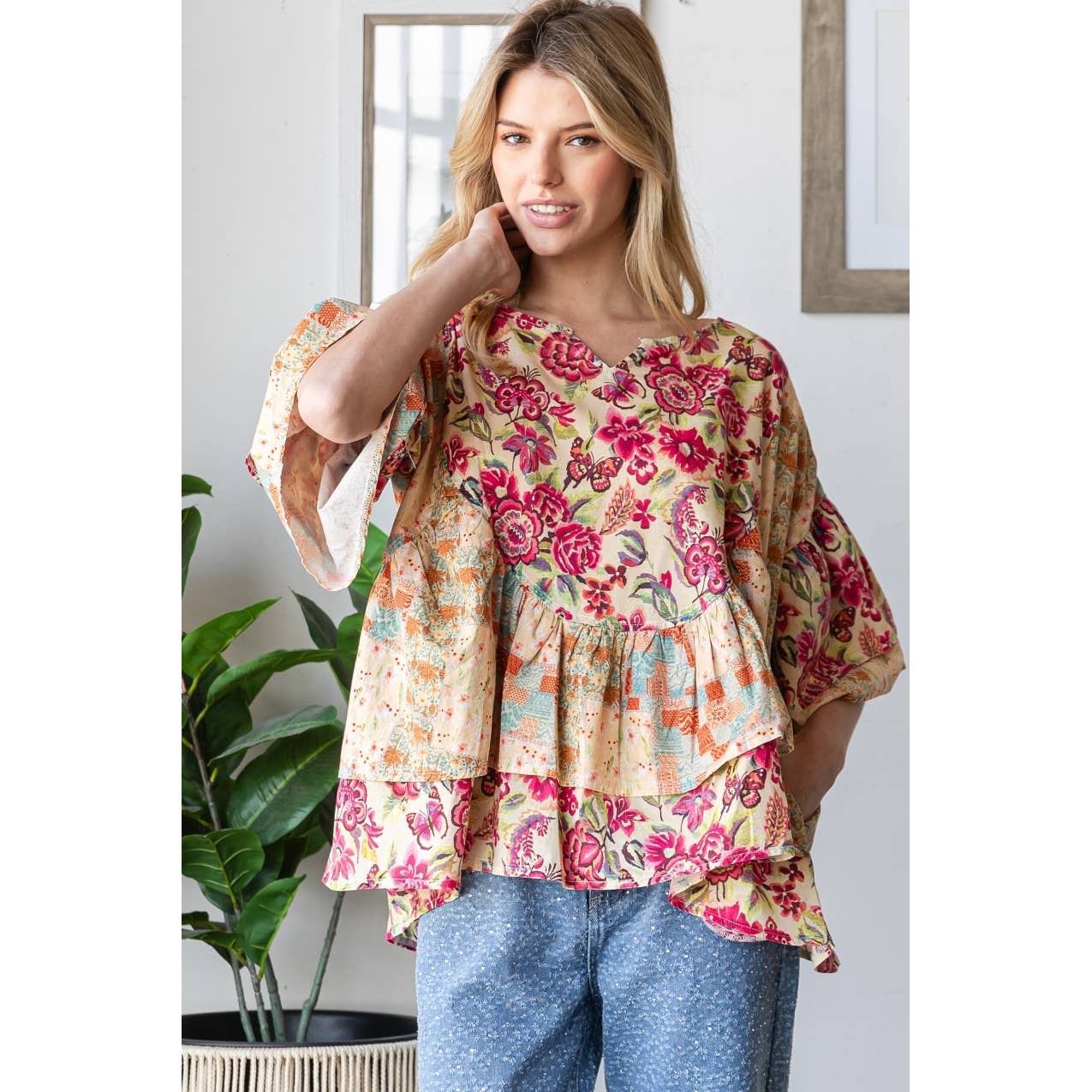 WASHED PRINTED RUFFLE DETAIL BLOUSE TOP