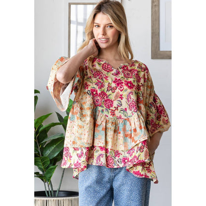 WASHED PRINTED RUFFLE DETAIL BLOUSE TOP