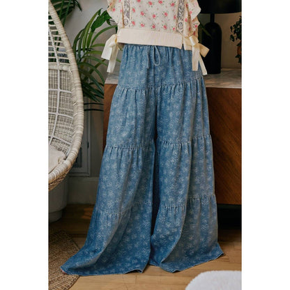 FLORAL TIERED FLARE DENIM PANTS