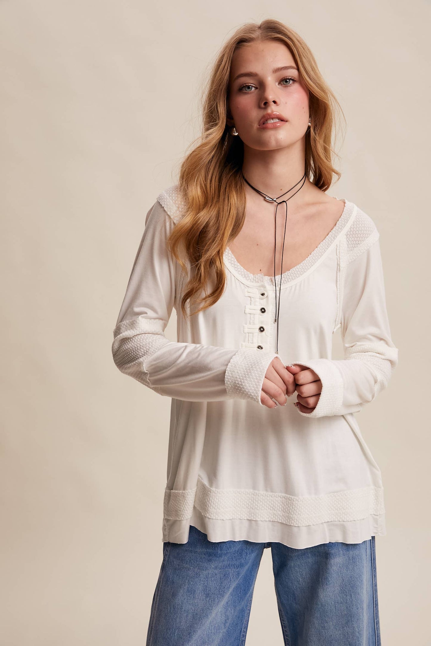 Textured Panel Button Henley Top