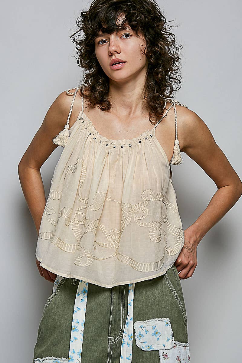 Embroidered Shirred Spangle Tassel Tie Sleeveless Top
