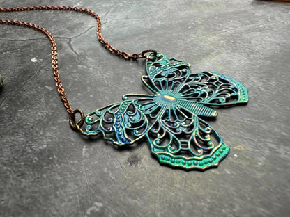 Filigree Butterfly Necklace - Solid Brass with Blue Patina