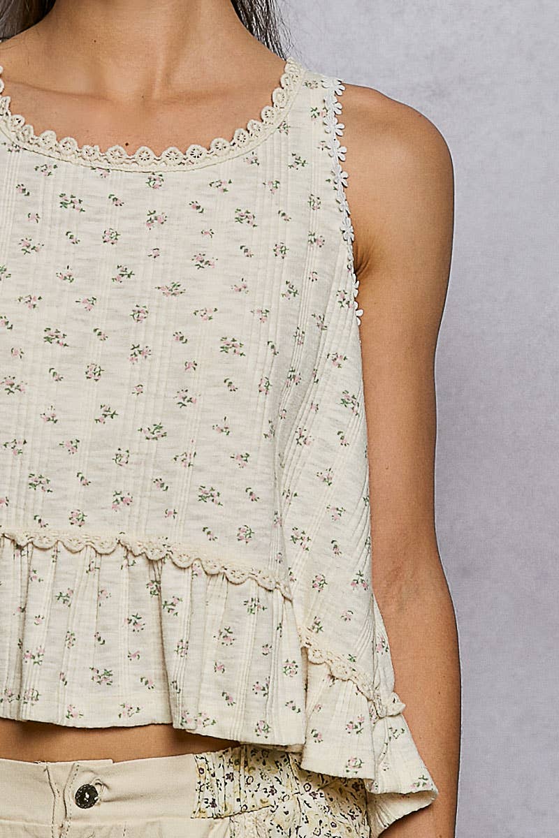 Round Neck Ruffle Hem Trim Detail Floral Sleeveless Top