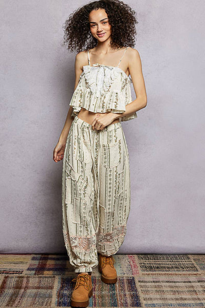 Lace Ruffles Ribbon Tie Cropped Floral Sleeveless Top