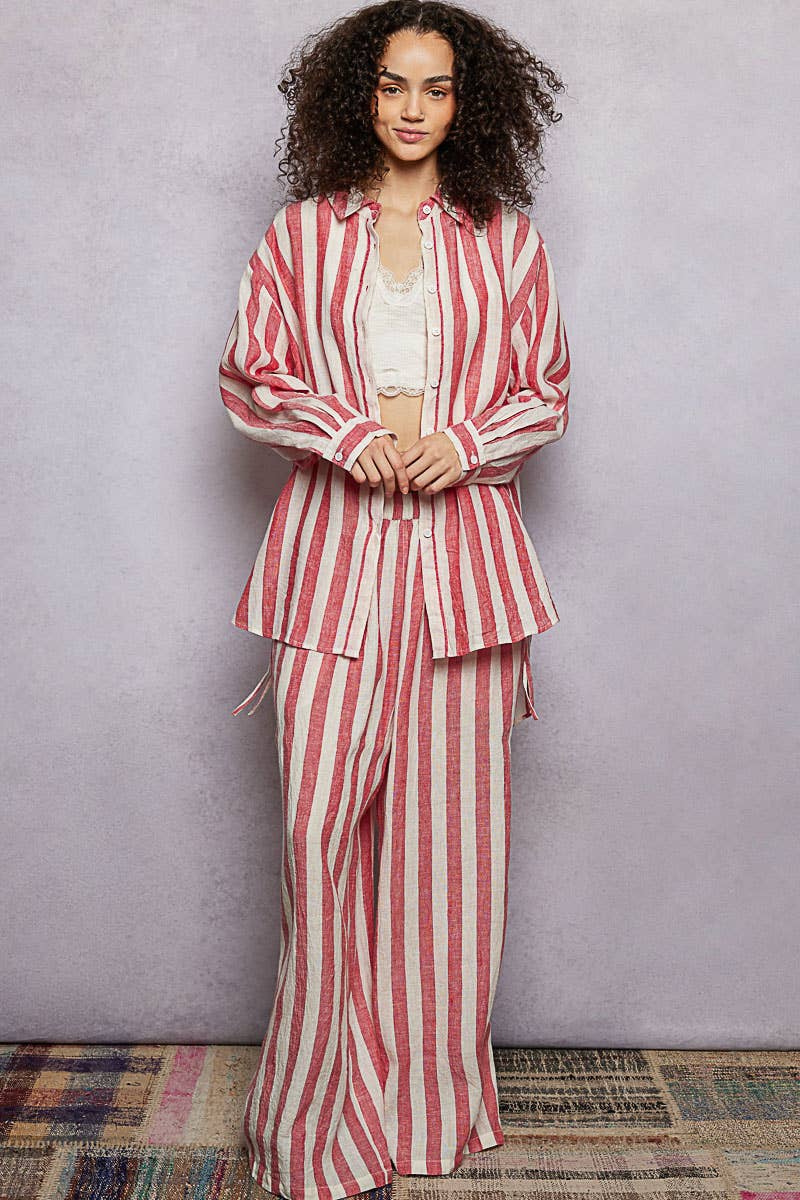 Stripe Elastic Waist Band Linen Wide Pants