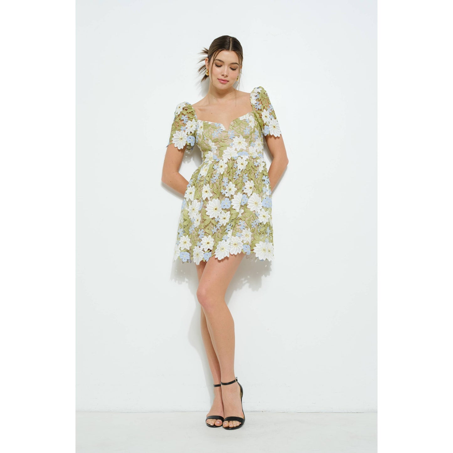 Floral Lace Puff Sleeve Embroidered Mini Dress