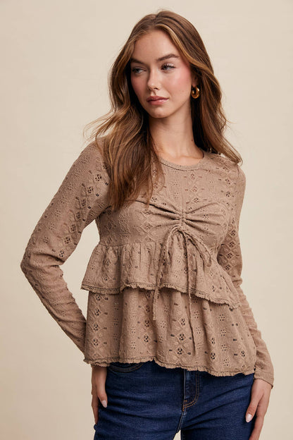 Stretch Lace Tiered Blouse with Drawstring Detail