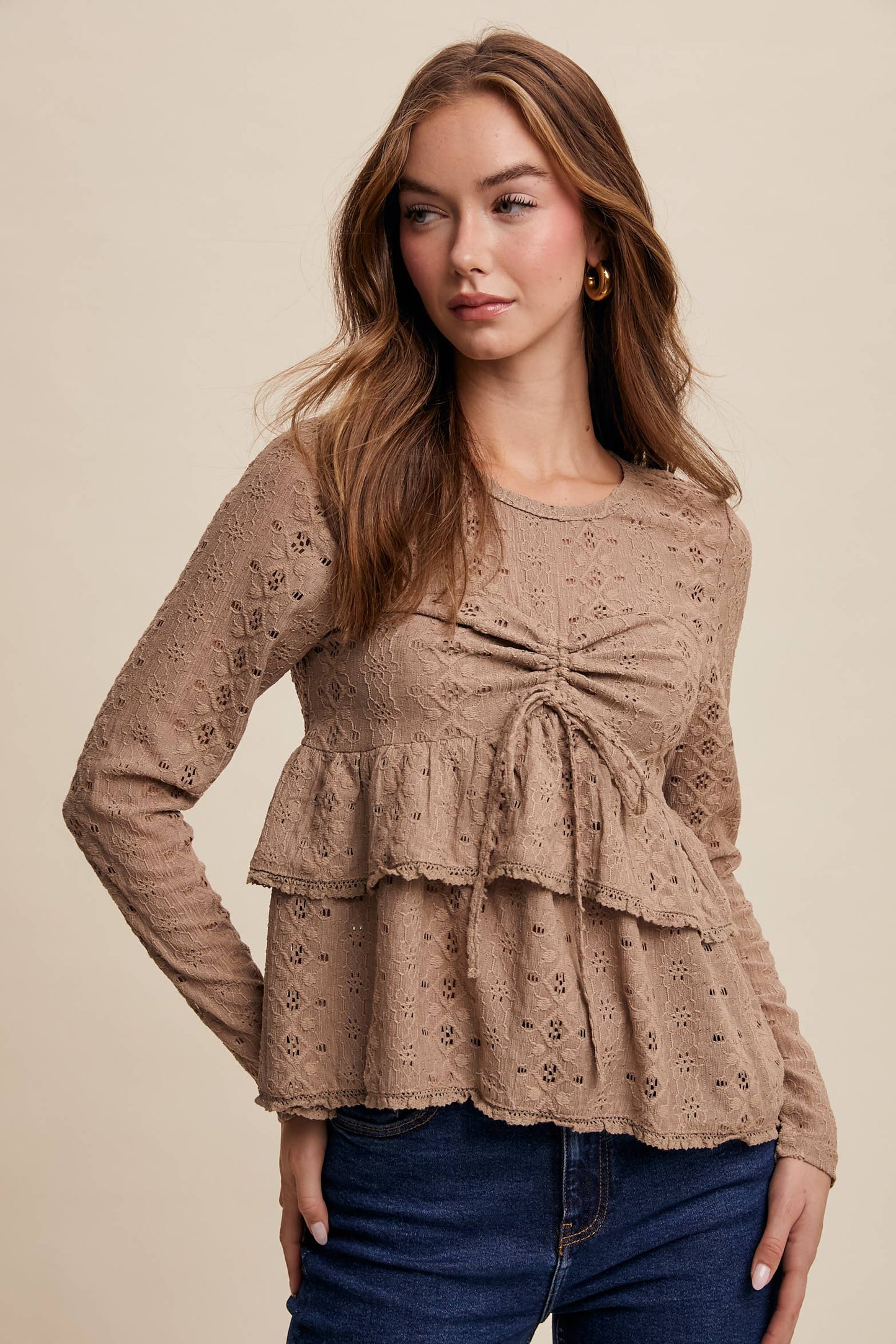 Stretch Lace Tiered Blouse with Drawstring Detail