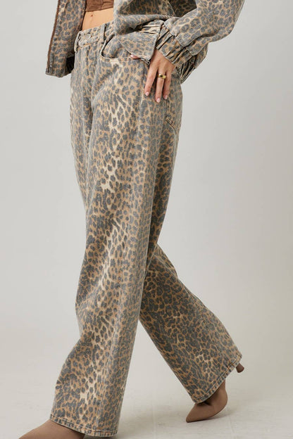 Garment Washed Leopard Baggy Pants