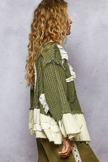 3/4 sleeve double gauze ruffle star denim woven jacket