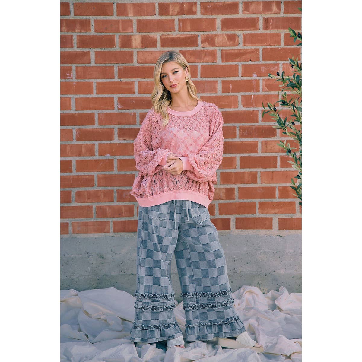 WASHED CHECKERBOARD DENIM RUFFLED DETAIL PANTS