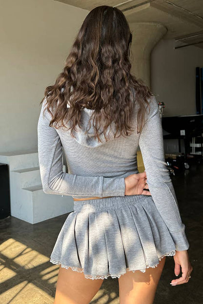 TWO PIECE SCOOP NECK HOODIE TOP & PLEATED MINI SKIRT