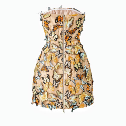 Butterfly Appliqué Strapless Embellished Mini Dress
