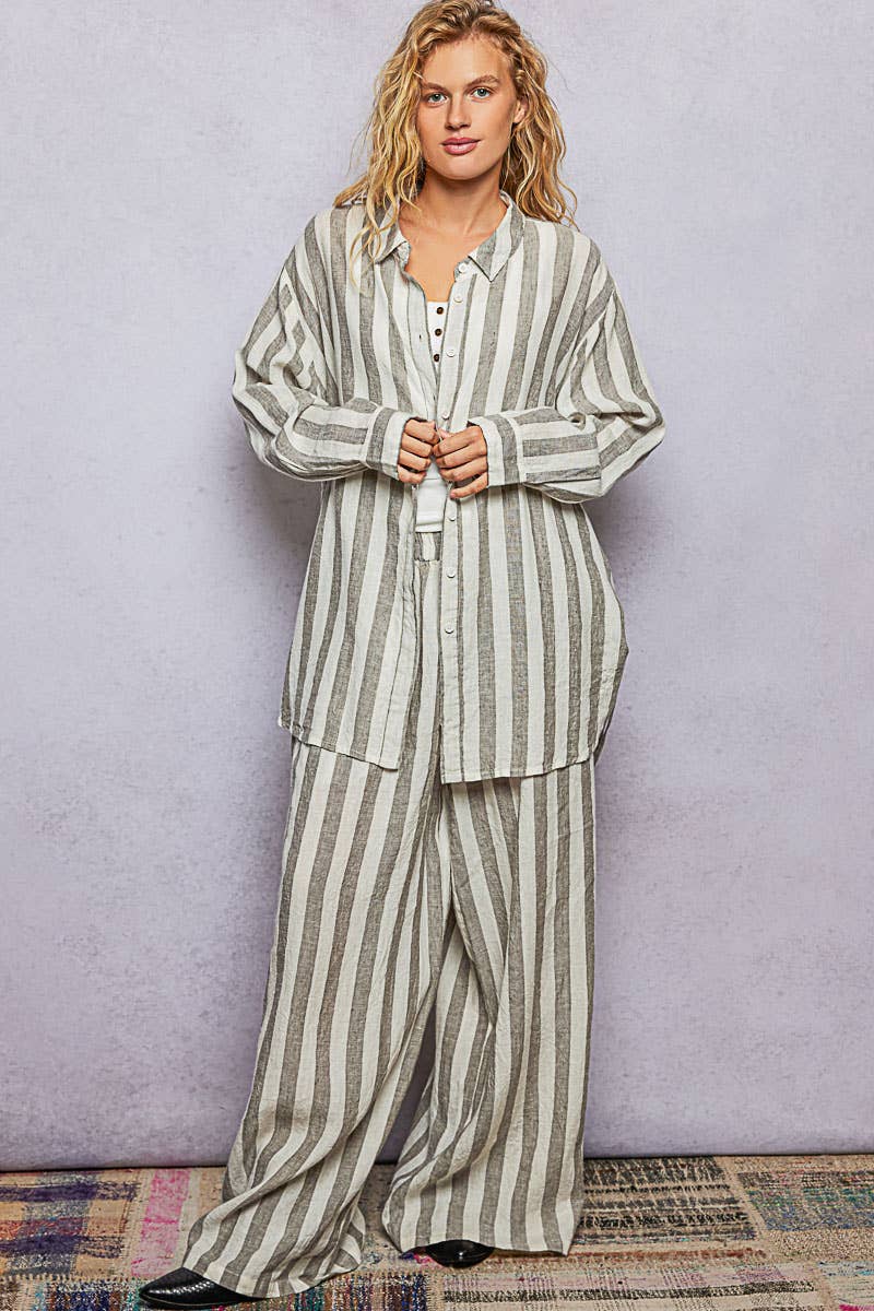 Stripe Elastic Waist Band Linen Wide Pants