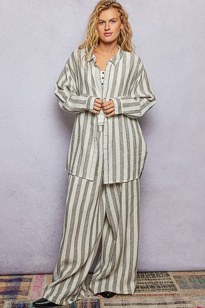 Stripe Elastic Waist Band Linen Wide Pants