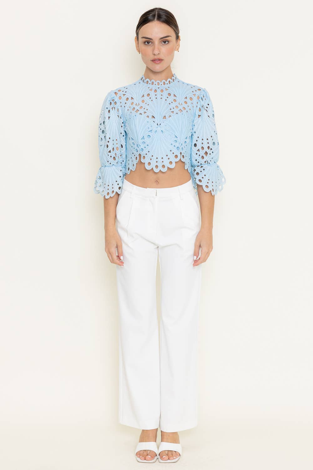 EYELET EMBROIDERY SCALLOP HEM CROP TOP