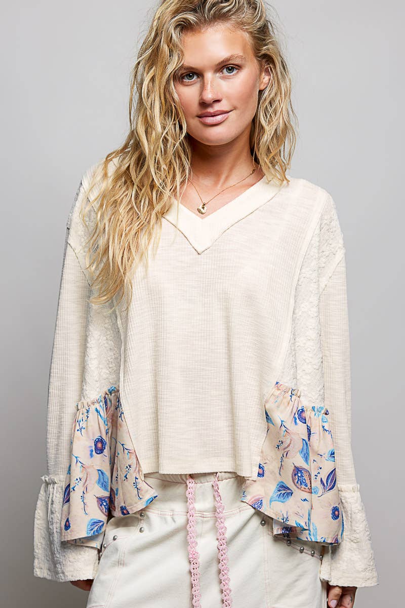 Ribbed Floral Lace Accent Ruffle Trim V-Neck Top