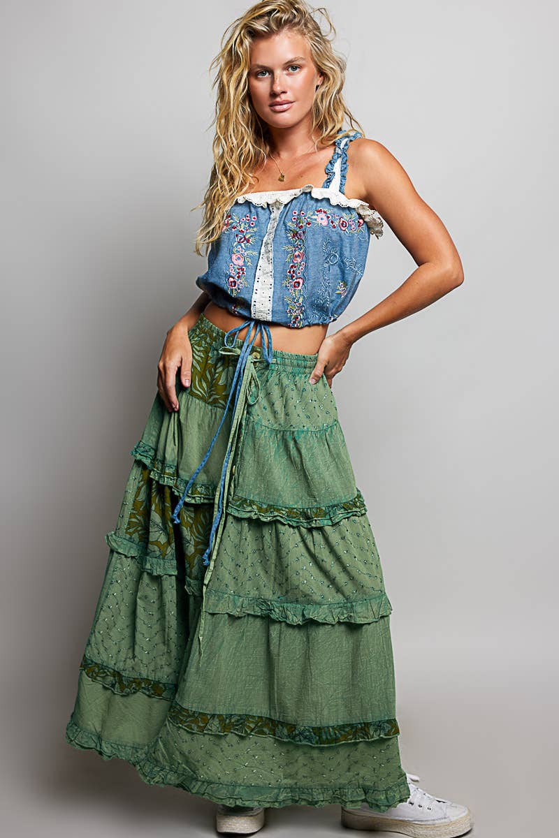 Boho Tie Waistband Patchwork Tiered Ruffle Maxi Skirt