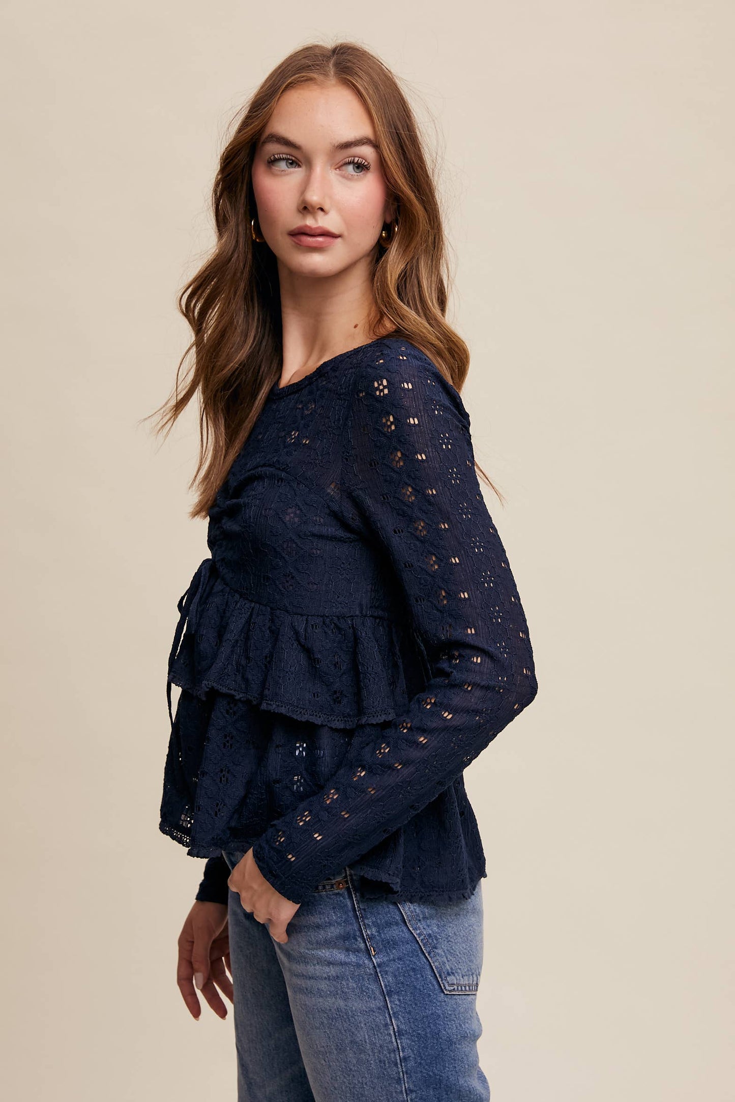 Stretch Lace Tiered Blouse with Drawstring Detail
