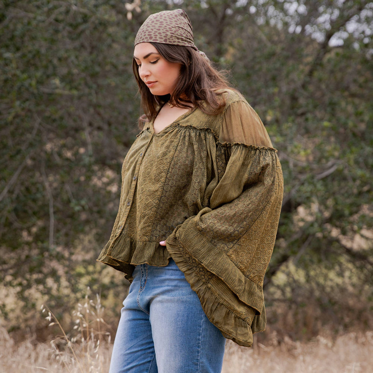 Dreamy Sheer V-Neck Ruffled Button-Front Top
