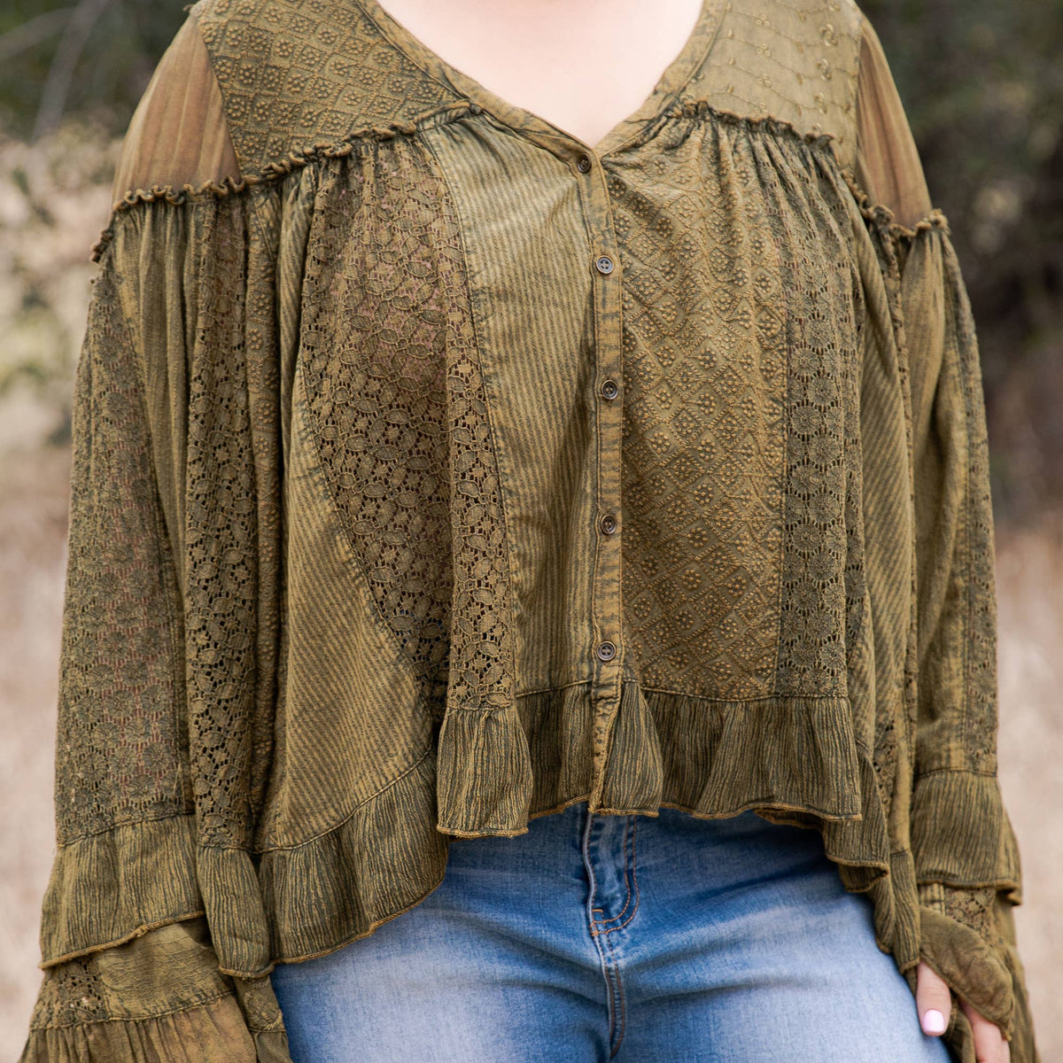 Dreamy Sheer V-Neck Ruffled Button-Front Top