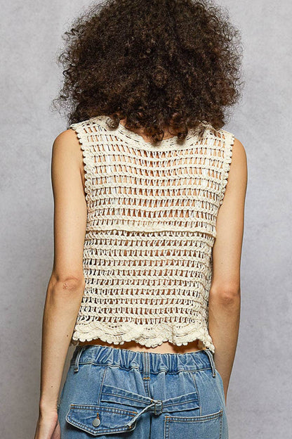 Navy Sleeveless Floral Crochet Top