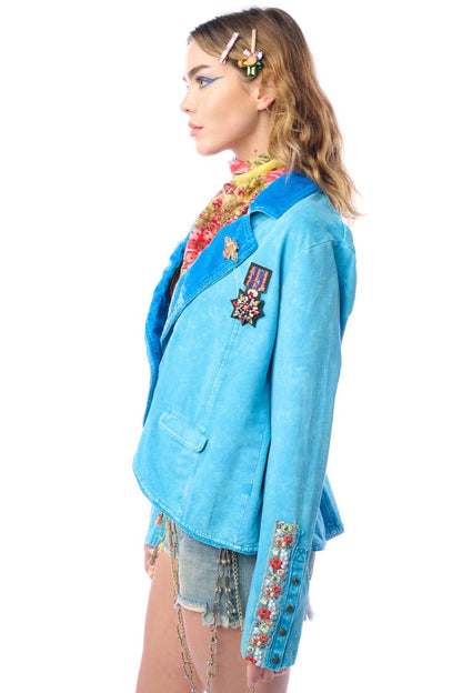 Vintage Teal Colonel French Terry Knitted Jacket - Blazer