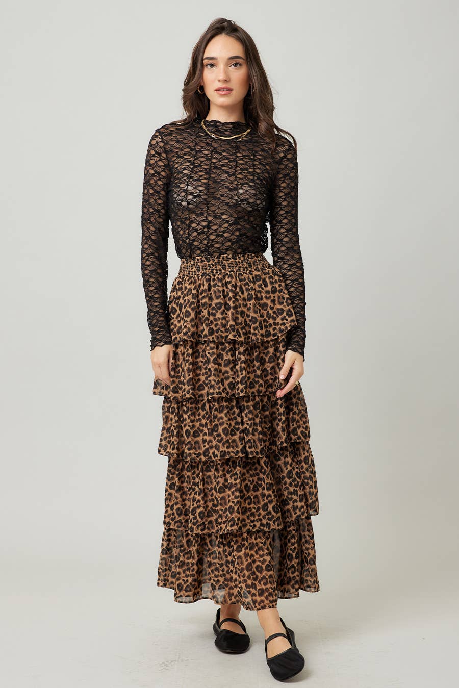Leopard Print Tiered Ruffle Maxi Skirt