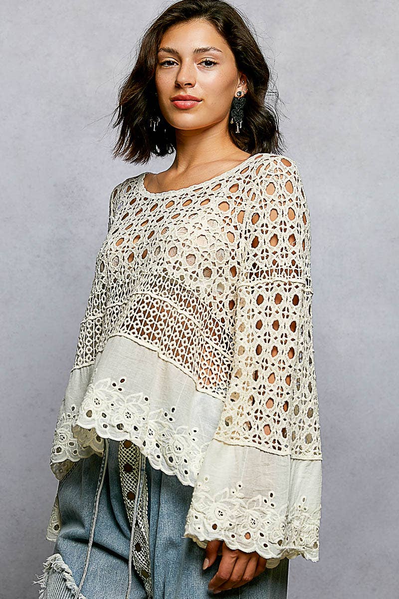 Long Sleeve Round Neck Crochet Top