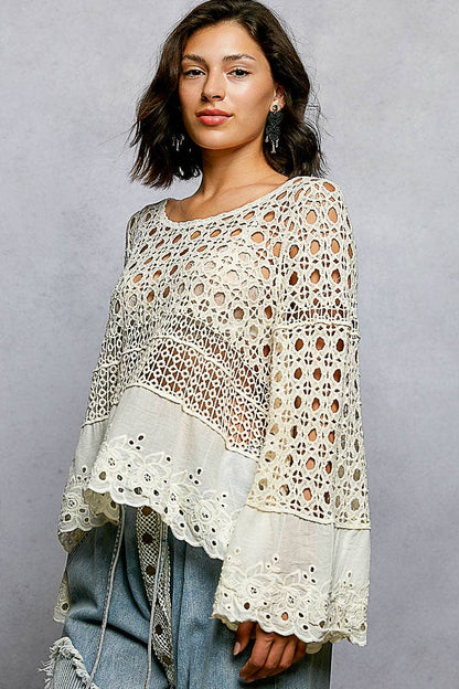 Long Sleeve Round Neck Crochet Top