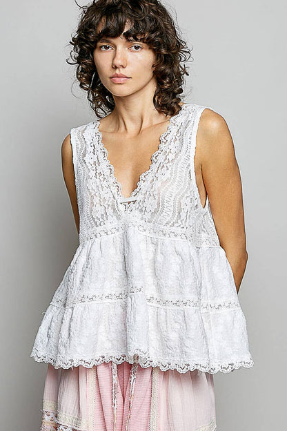 Sleeveless Deep V-neck Lace Trim Knit Top