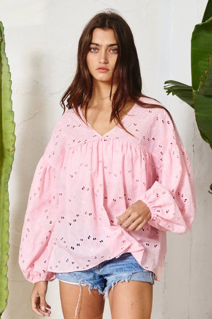 Puff Sleeve Eyelet Lace Babydoll Tunic Top
