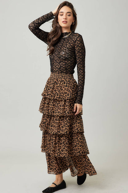 Leopard Print Tiered Ruffle Maxi Skirt
