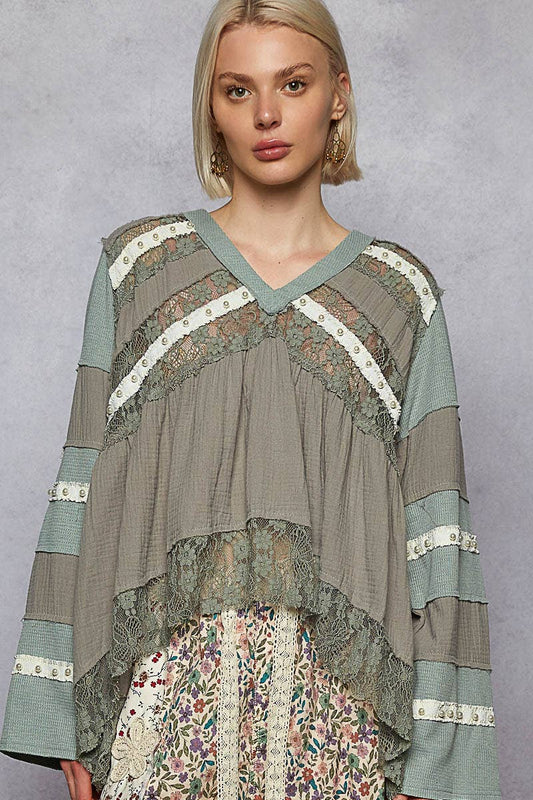 V-neck double gauze lace detail A-line woven top