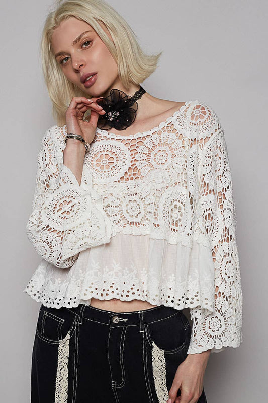 White 3/4 Sleeve Round Neck Eyelet Crochet Top
