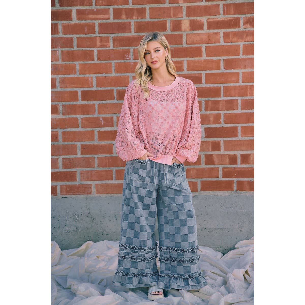 WASHED CHECKERBOARD DENIM RUFFLED DETAIL PANTS