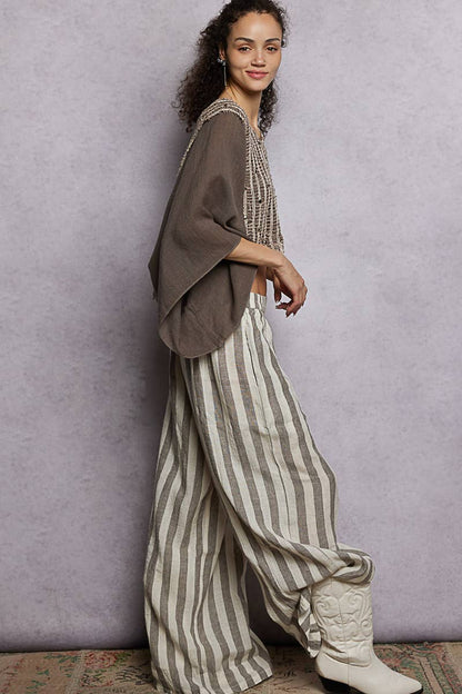 Stripe Elastic Waist Band Linen Wide Pants