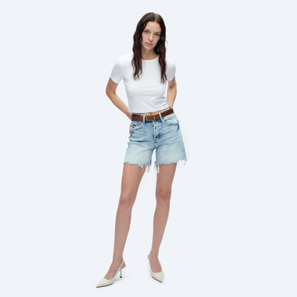 HIGH RISE DENIM SHORTS WITH FRAYED HEM
