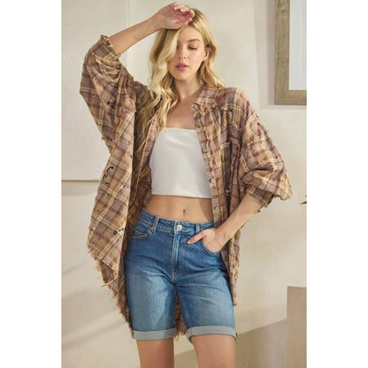 WASHED BUTTON DOWN LONG SLEEVE PLAID SHIRT